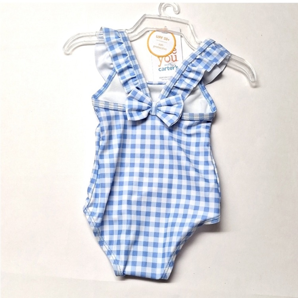 Just One You Carter’s Swimsuit Blue & White gingham plaid Print, ruffles & Bow